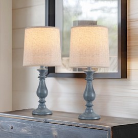 Piodo Lamps Set of 2 Vintage Rustic Farmhouse Table Lamps Bedside Reading Lamp Bedroom Nightstand Living Room Teapoy Lamp, Desk Light, 22 Inch High, Navy Blue, with Fabric Shade, Bulb Not Included