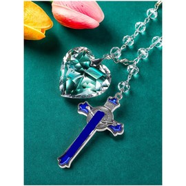 Clear Love-Shaped Crystal and Blue Enamel Cross Car Hanging Ornaments Christian Cross Car Rear View Mirror Hanging Accessories Car Décor