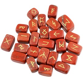 mookaitedecor Red Jasper Rune Stones Set (25 pieces) with Gift Bag Tumbled Stone Gemstone with Carved Rune Sign for Fortune Telling, Crystal Healing Reiki