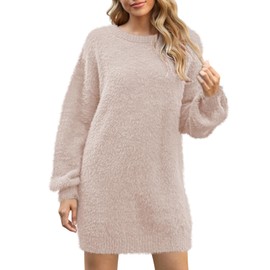 Cutiefox Women's Oversized Long Sleeve Crew Neck Knit Pullover Sweater Mini Dress Apricot L