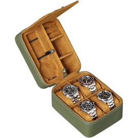 ROTHWELL Travel Case for 5 Watches, Storage Organizer for 5 Watches | Heavy Duty Portable Protection with Zipper, Fits All Wristwatches and Smartwatches Up to 50mm (Green/Tan)