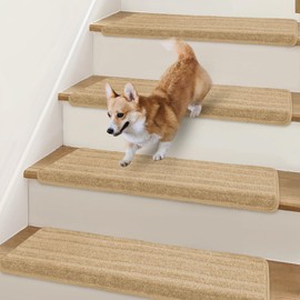 Bullnose Stair Treads Non Slip 9.5" x 32", 14 Pcs Carpet Stair Treads for Wooden Steps Indoor with Edge Protection, Reusable Peel and Stick TPU Backing Stair Runner Rugs - Line Pattern Beige