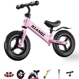Debbeiss Children's Balance Bike, Bicycle Without Pedals for 2 to 5 Years Old, 12 inches, Adjustable seat. Includes Protective Helmet, Knee Pads, Side Supports for Stable Balance. (Pink)