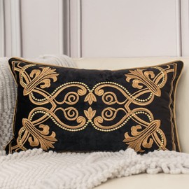 Aeckself European Floral Pillow Cover 12x20 Inch, Luxury Velvet Embroidered Decorative Lumbar Throw Pillow Cover for Couch Bedroom Living Room, Black and Gold