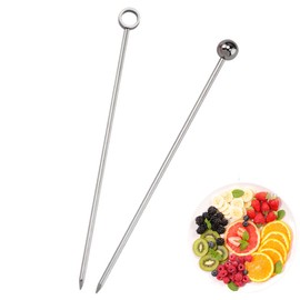 10 Pack Stainless Steel Cocktail Picks, Reusable Fruit Sticks Metal Martini Skewers Olive Drink Picks Set for Holiday Party Events, Circle/Ball,2 Styles Tops- Silver