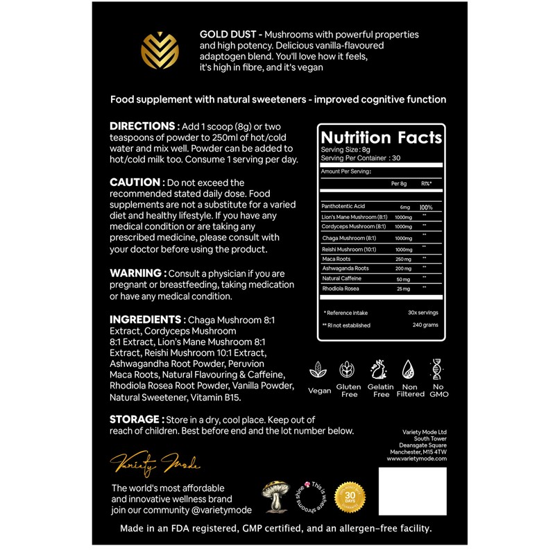 Gold Dust - Lions Mane Mushroom Blend Powder with Chaga,