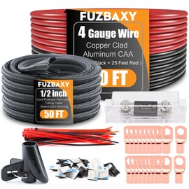 4 Gauge Wire (25 Feet Black+25 Feet Red) Copper Clad Aluminum Power Ground Cable Wire,4 ga Lugs Terminal,Heat Shrink Tubing,100A ANL Fuse,50ft 1/2 inch PET Cable Sleeve Suitable for Indoors/Outdoors