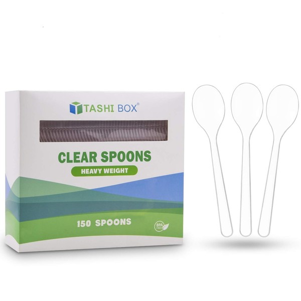 TashiBox [150 Plastic Spoons] Disposable Clear Spoon, Heavyweight Cutlery