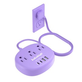 Purple Extension Cord with Surge Protected 1080J - 5 FT Flat Extension Cord, 1625W Cute Extension Cord with 3 AC Outlet 4 USB (24W/4.8A), Compact for Cute Purple Kawaii Lavender Desk Accessories, ETL