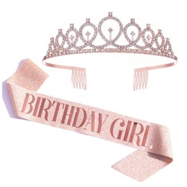 DFsucces Birthday Crown Set of 2 Birthday Girls Belt Set, Stylish, Birthday Headband, Birthday Decoration, Stage Costume, Wedding, Party, Non-Precious Metal, Crystal