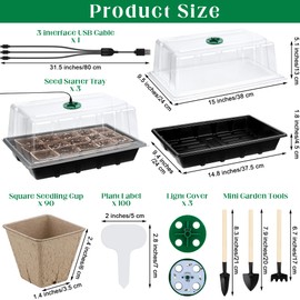 Hahood 3 Sets Seed Starter Tray Kits with Grow Light and Peat Pots Plastic Germination Growing Trays with with Humidity Dome and Base 100 Plant Labels Garden Tools for Seeds Growing Propagation, Black