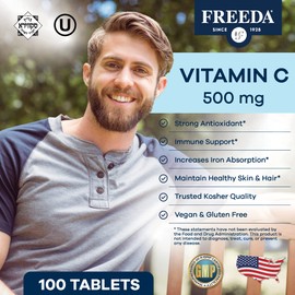FREEDA Vitamin C - Vegan Vitamin C 500mg - Kosher - Powerful Antioxidant Immune Support - Easy to Swallow Vitamins C Tablets as Ascorbic Acid - Pure Vitamin C 500 mg - VIT C Supplement (100 Count)