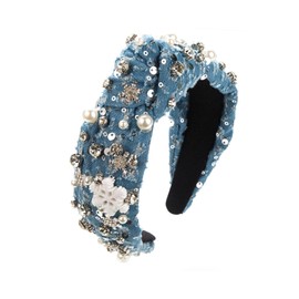 SHESRA Christmas Hair Bands Denim Fabric Rhinestones Pearl Snowflake Headband Women's Winter Wonderland Holiday New Year Xmas Party Hair Hoop Accessories Headwear Jewelry Gifts 12(Blue)