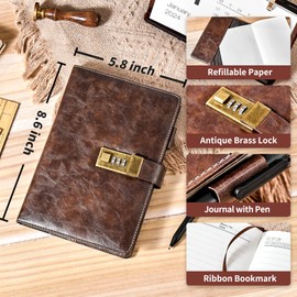 Journal with Lock for Men and Women Waterproof Diary with Lock 192 Pages Mens Locked Journal with Pen A5 PU Leather Journal with Lock Journal for Men Password Protected Notebook with Lock, Dark Brown