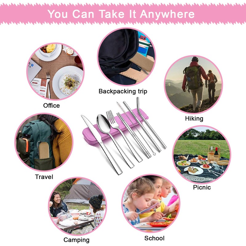 9 Piece Portable Stainless Steel Cutlery Set (Pink)