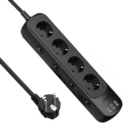 JSVER Steckdosenleiste Einzeln Schaltbar 4 Fach Mehrfachsteckdosen(3680W 16A) mit 3 USB Ladefunktion Verteilersteckdose mit Schalter für Smartphones Tablets 1,5m-Schwarz