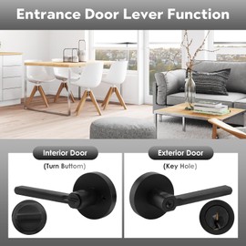 ANNFUZ Round Heavy Duty Entry Door Lever Handle Lock with Key for Office/Front Door,Entrance Interior Exterior Door Knob Hardware,Lockable,Not Keyed Alike,Reversible for Left/Right Side, Matte Black