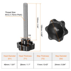 sourcing map 2pcs Star Knobs M12 x 100mm 304 Stainless Steel Threaded Stud 46mm Plastic 6-Star Head Hand Tightening Thumb Screw Clamping Jig Knob Handle, Black