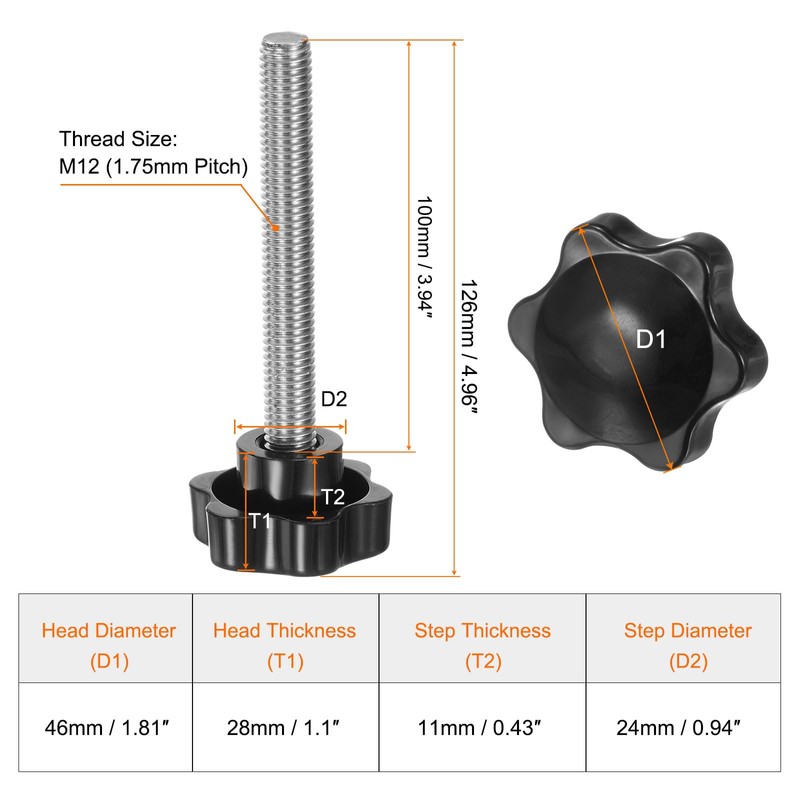 sourcing map 2pcs Star Knobs M12 x 100mm 304 Stainless