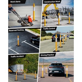 (3 Pack) BATTIFE Delineator Post with Base 45 ", Yellow Traffic Delineator Cones with Reflective Collar for Construction Work, Driving Practice