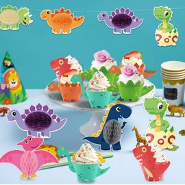 SUNKIM 59 Pack Dinosaur Honeycomb Centerpieces and Dinosaur Cupcake Wrappers Set Dinosaur Party Decorations for Dinosaur Themed Birthday Party Baby Shower