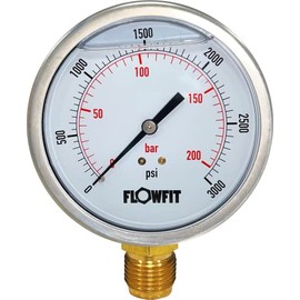 Flowfit Hydraulic Pressure Gauge, Glycerine Filled, 100mm Dial Size, Rated for 0-3000 PSI (207 Bar), 1/2" BSP Base Entry
