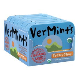 Organic Breath Mints by VerMints, PepperMint Flavor, All Natural, Non-GMO, Nut Free, Gluten Free, Vegan, KSA Kosher, Pack of 6, 1.41oz Tins