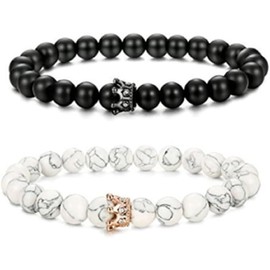 Matching Couple Bracelets Crown Distance Couple Bracelets Agate 8mm Beads Bracelet Soulmate for Him and Her (B, One Size)