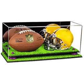 Better Display Cases Acrylic Mini - Miniature (not Full Size) Football and Helmet Display Case with Mirror, Purple Risers and Turf Base (A019-PR)