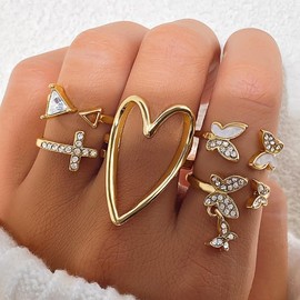 Chunky Gold Heart Zircon Pearls Rings Set for Women Stackable Open Crystal Butterfly Cross Knuckle Ring Pack Big Heart Thumb Rings Jewelry Accessories(Butterfly)