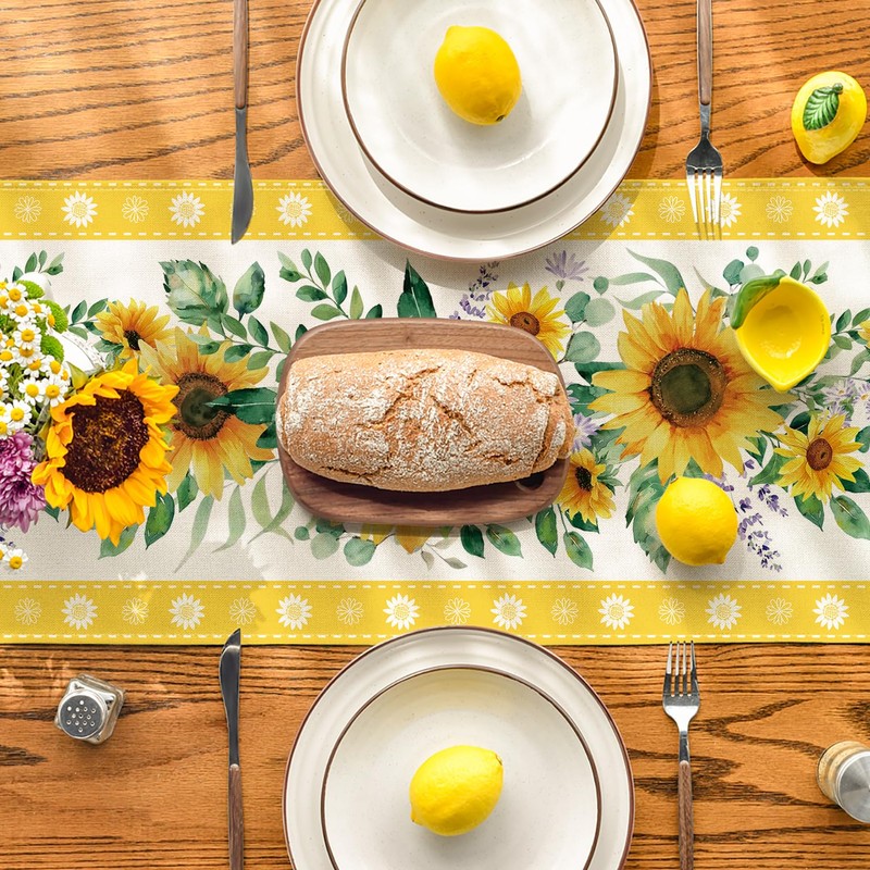 Sunflower Leaves Flowers 210 GSM Summer Table Runner, Seasonal Kitchen