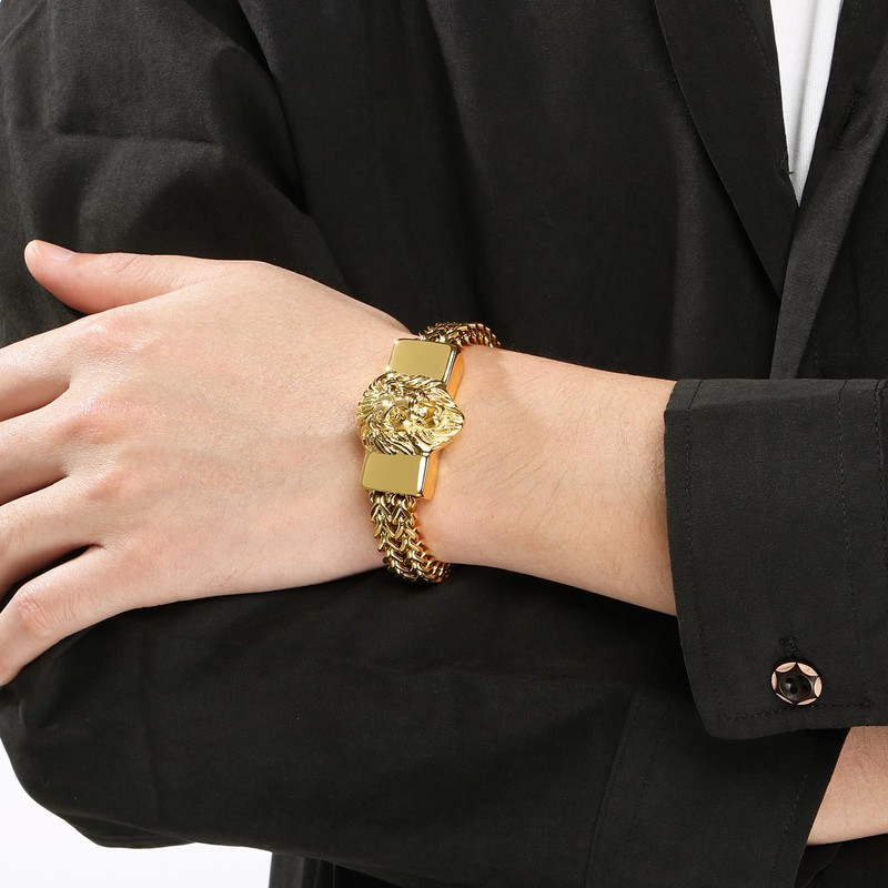 Klapgo Lion Head Men's Bracelet Gold Tone Stainless Steel Cuban