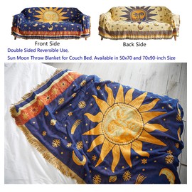 Erke Moon and Sun Throw Blanket Celestial Chair Recliner Cover Bed Spread Hippie Room Decor, Double Sided Cotton Woven Sofa Couch Furniture Aesthetic Witchy Throws - 50" X 70", Yellow/Blue