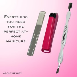About Beauty All About Nails - 3 Japanese Beauty Tools, Includes Nail Clipper with Clip Catcher, Dual Tip Cuticle Pusher & Cutter, & Glass Nail File with Coarse and Fine Side