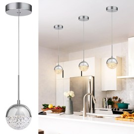 Xbuyee Crystal Globe Pendant Light, Chrome Chandelier for Kitchen Island, Adjustable Modern LED Pendant Light for Dining Room, 8W 3000/4000/5000K CCT Selectable, Dimmable, ETL 1-Pack