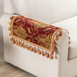 TOPLUXE Sofa Armrest Covers, Set of 2, Non-Slip Armrest Protectors with Tassels, Damask Furniture Protector for Armchair, Couch, Relaxing Chair, 50 x 60 cm (Red)