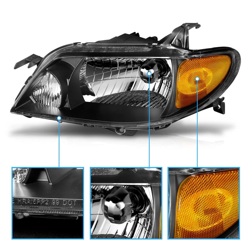 AmeriLite Crystal Headlights Black Amber for Mazda Protege - Passenger