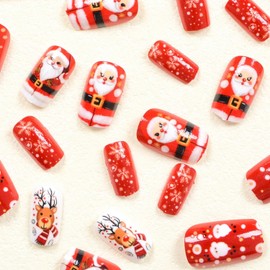 Christmas Red Glossy Press on Nails Medium Square Fake Nails Santa Claus Snowflake Reindeer Designs Winter Xmas False Nails Full Cover Stick on Nails Christmas Acrylic Nails for Women Nail Art 24 Pcs