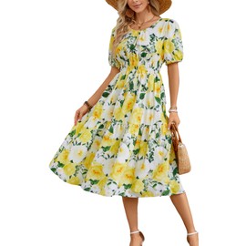 Kormei Women Summer Casual Boho Floral Round Neck Short Sleeve Smocked Waist Tiered Flowy Swing Midi Dress XL White/Yellow Floral