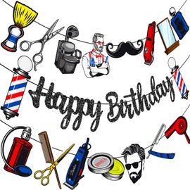 Barber Birthday Banners 3Pcs Hairdresser Birthday Party Decorations Glitter Black Barbershop Happy Birthday Banners Hairstylist Party Supplies for Barber Lovers Birthday Party Decor