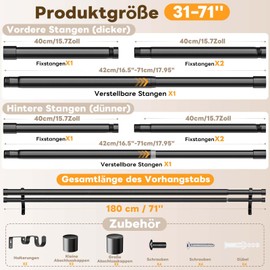Mavivegue Asta per tenda a 2 corde, 79 – 180 cm, a doppio filo, in acciaio inox, diametro 2,54 cm, regolabile con terminale, tappo per soggiorno, cucina, camera da letto, colore nero