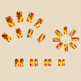 CJDLTS Press on Nails Medium Square Aurora Red Flame Design - Artificial Full Cover Acrylic Coffin Nails - Reusable Glue on DIY Stick on for Women 24Pcs