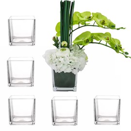 Set of 6 Square Glass Vases 4" x 4" x 4",Clear Flower Vase,Candlestick,Suitable for Wedding Centerpieces、 Home Floral Decoration、Flower Decoration for VariousParty Events