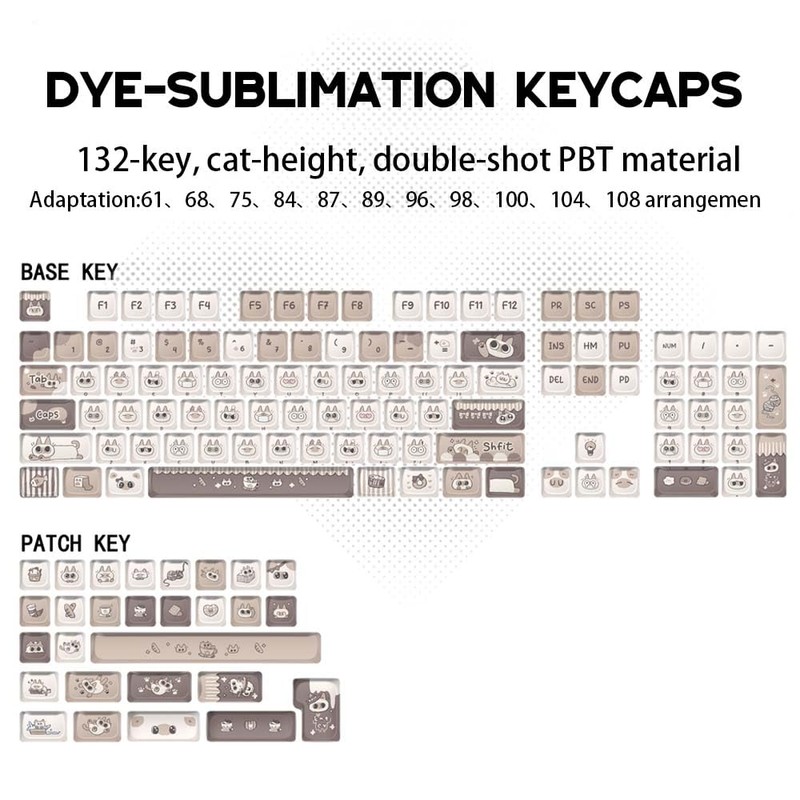 SWDPORT Cute Cat Keycaps Set, 132 Keys Thick PBT Mao