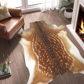 Deer Rug Deer Hide Rug Cow Print Rug Faux Cow Hide Rugs 4.6x5.2 FT Faux Reindeer Rugs Animal Print Cowhide Carpet Small Antelope Non-Slip Area Western Sikadeer for Living Room Bedroom Western Decor