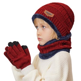 TMEOG Winter Hat Children's Scarf Gloves Set, Knitted Hat Toddler Loop Scarf with Fleece Lining Touchscreen Gloves Hat, Scarf & Glove Sets for Boys Girls 5-10 Years, G# Hat&Scarf&Gloves_Red