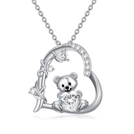 PELOVNY Teddy Bear Crystal Necklaces for Women 925 Sterling Silver Bear Birthstone Necklace Birthday Valentines Day Teddy Bear Jewelry Gifts for Mom Daughter Wife, Sterling Silver, No Gemstone