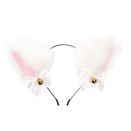 HappyHome Cat Ears Headband, Cosplay, Cute, Ribbon, Bell, Fluffy, Halloween, Costume Accessory (White)