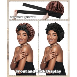CHLINS Satin Bonnet Silk Bonnet for Sleeping Silk Sleep Cap Double Layer Hair Bonnet with Elastic Tie Band for Curly Hair Night Cap (Black+Brown)