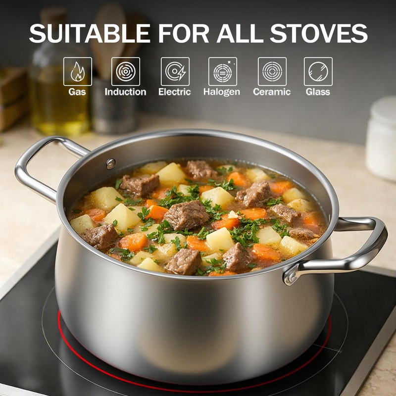 Tifanso 8QT Tri-Ply Stainless Steel Induction Stock Pot with Lid
